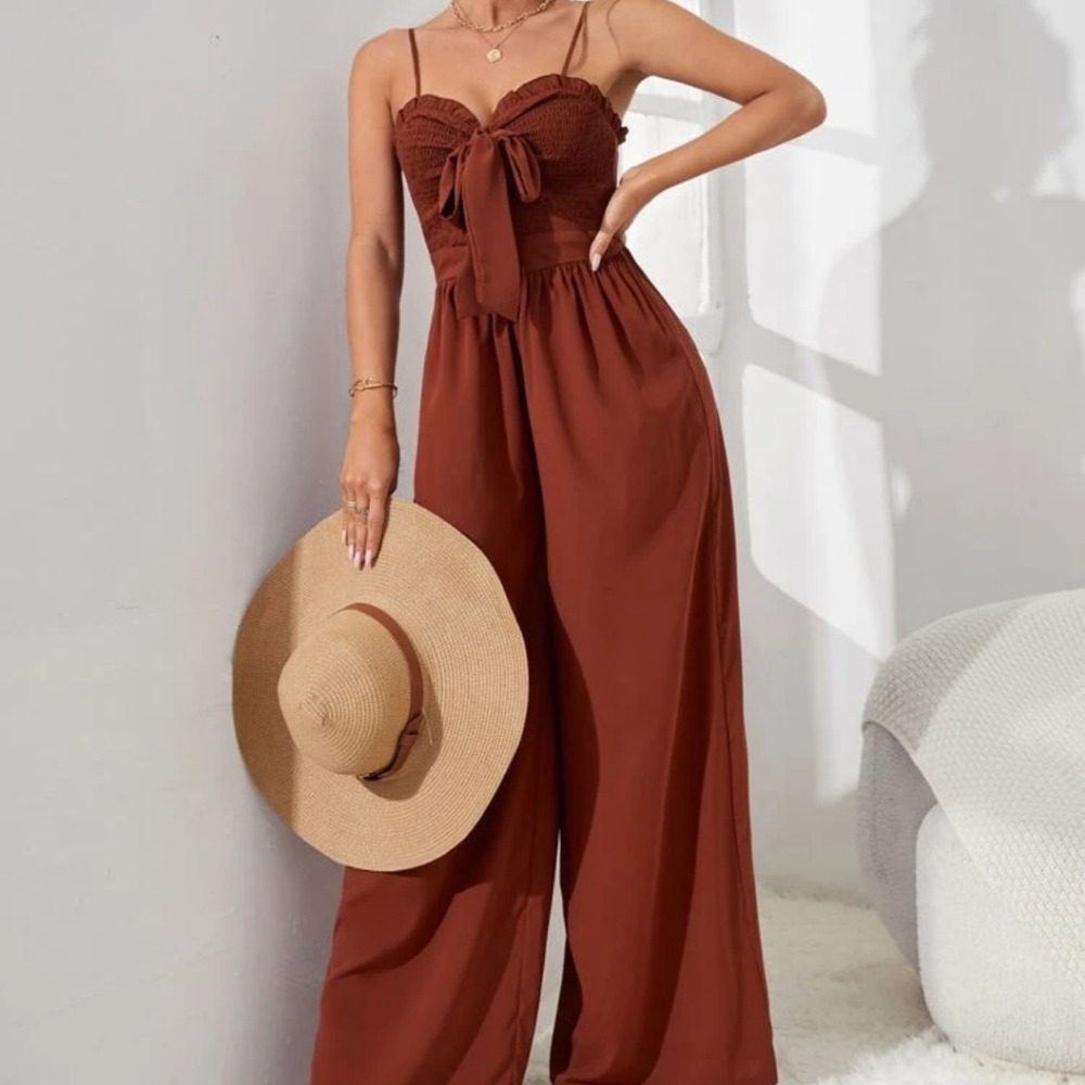 NWT SHEIN Shirred Frill Trim Knot Front Wide Leg Cami Jumpsuit